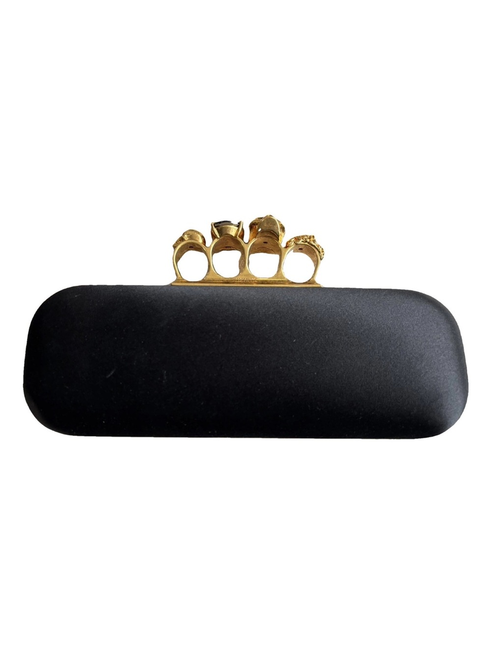 Alexander McQueen Black Satin knuckle duster Clutch with Gold Hardware